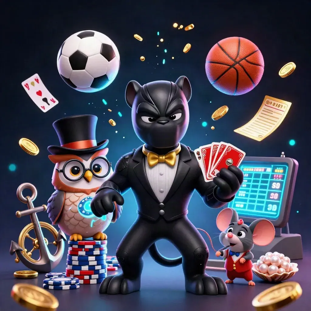 Panther, owl, and mouse amid casino treasure cove with sports balls and glowing chips