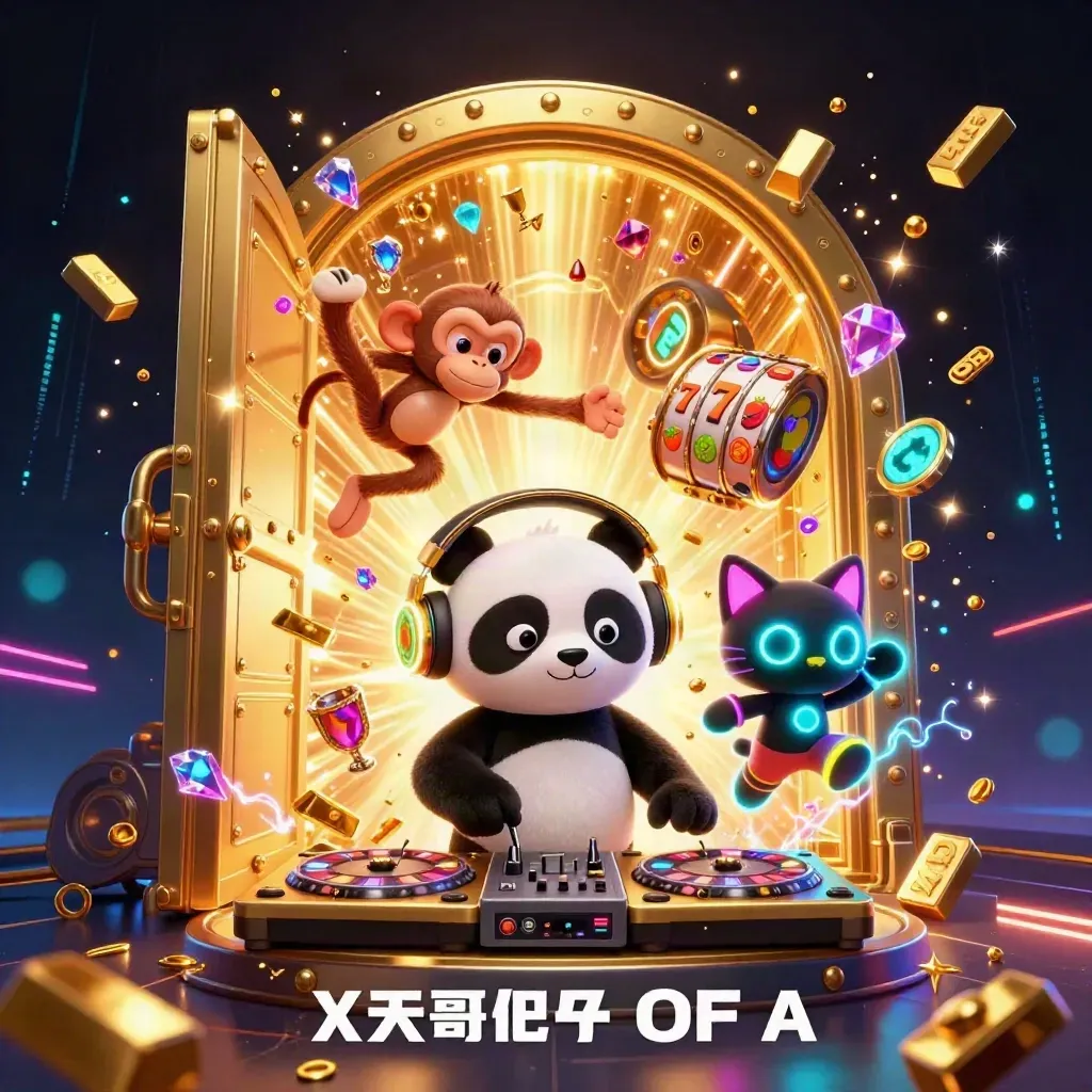 DJ panda, breakdancing monkey and glow-stick kitten blast out of a glowing vault with casino treasure.
