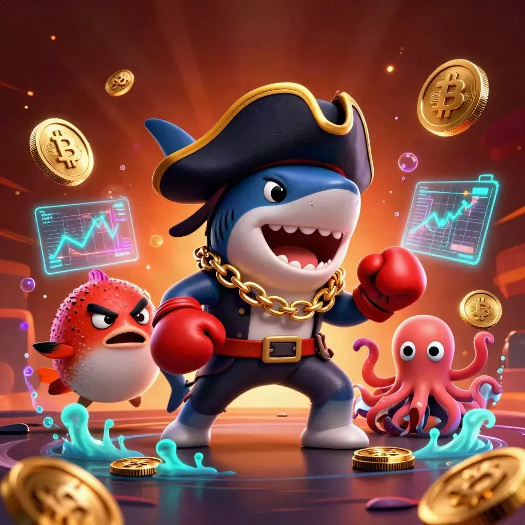 Pirate shark, boxing pufferfish, and coin-juggling octopus amid neon crypto effects