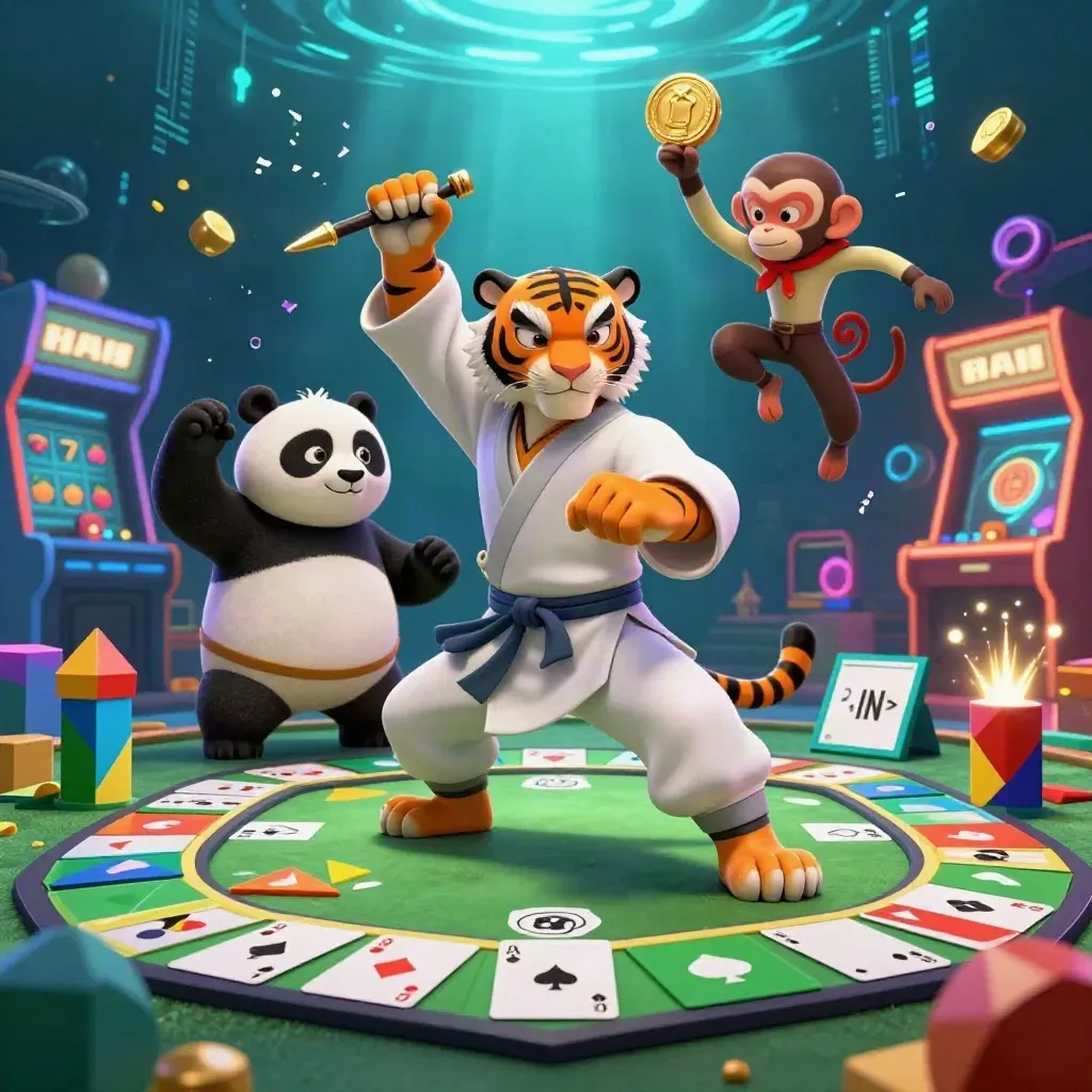 Kung-fu tiger, panda, and monkey clash around a casino table amid neon gold treasure and cyan energy.
