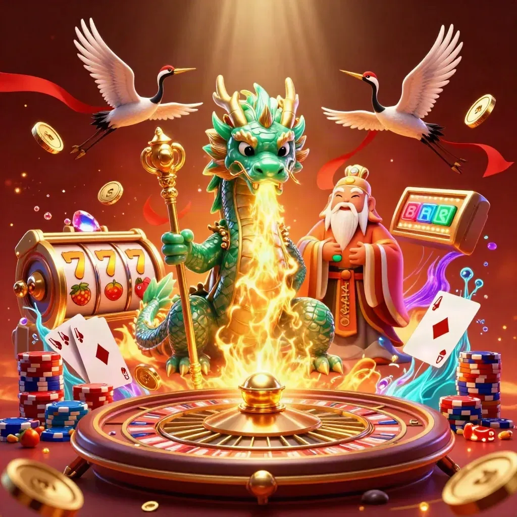 Dragon, turtle sage, and cranes amid coins, gems, chips, cards, and glowing casino effects.