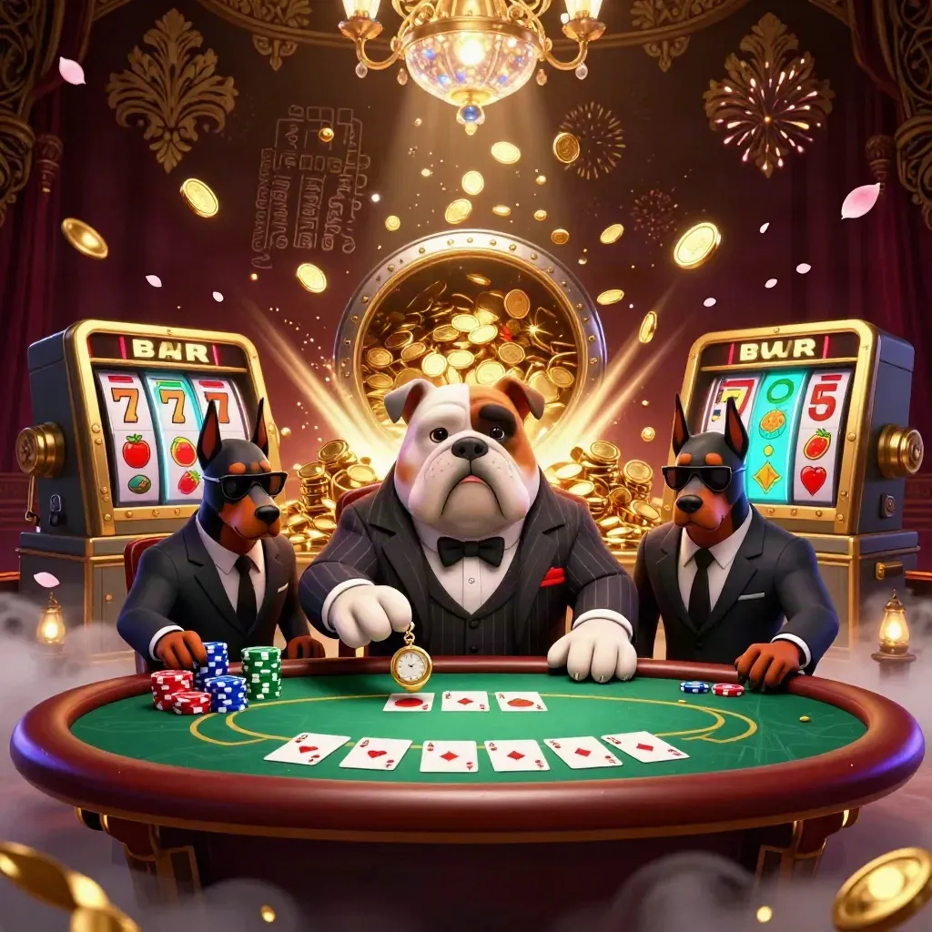 Bulldog boss and two Dobermans celebrate at a poker table amid coins, reels, and fireworks.