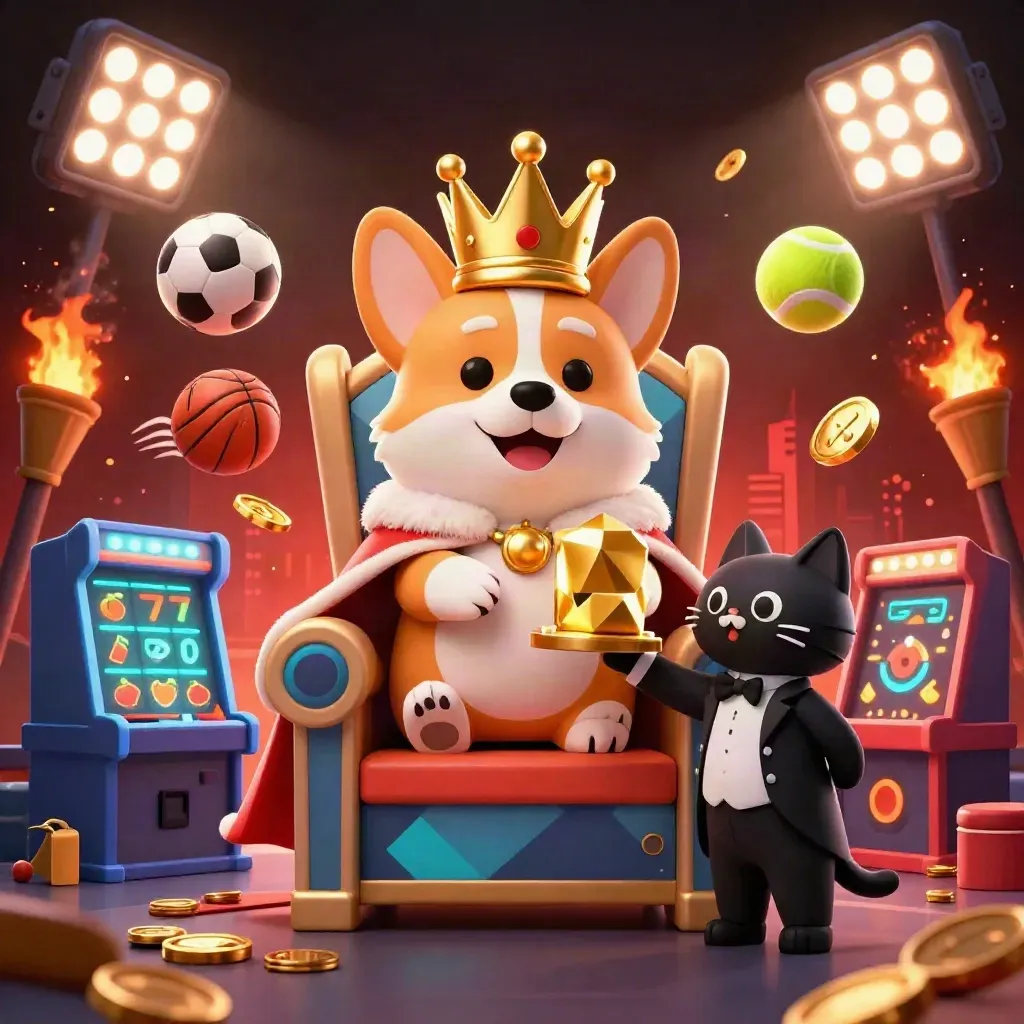 Royal corgi and cat butler amid casino lights, chips, sports balls and slot symbols